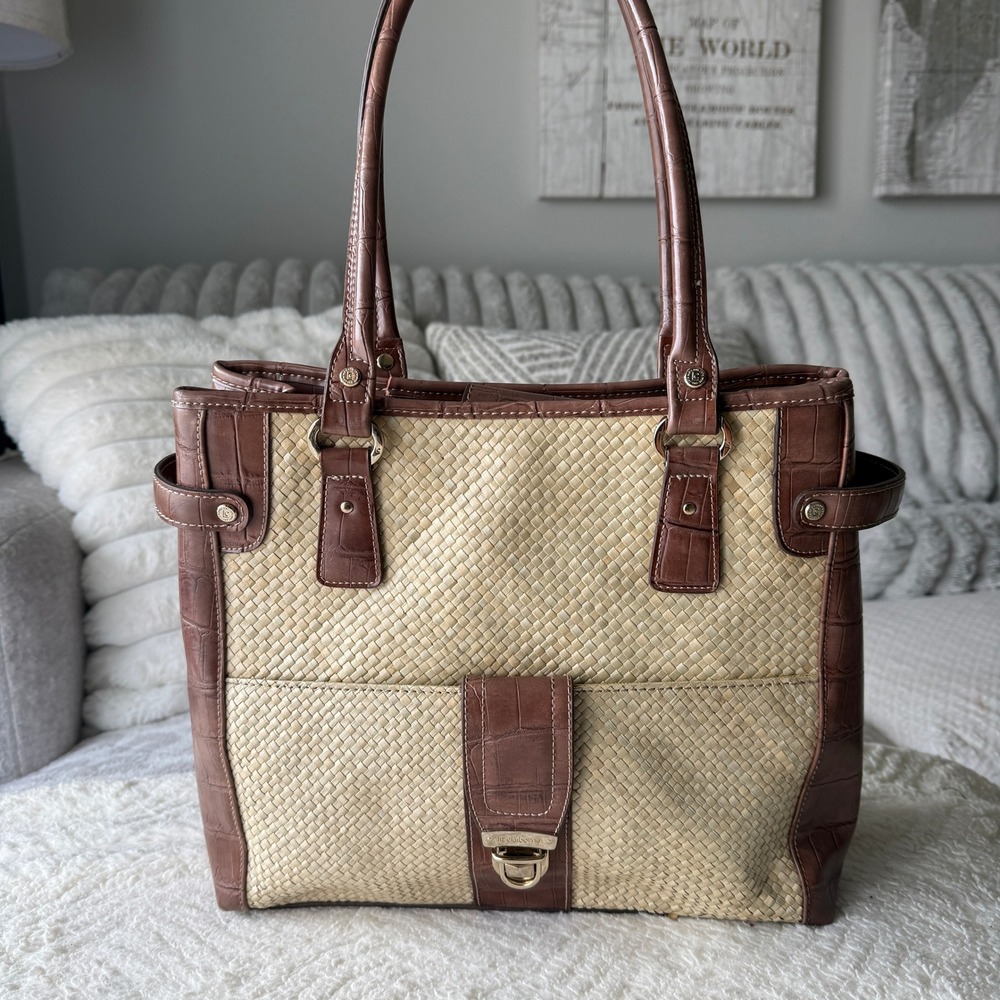 Liz Claiborne Woven Straw Tote Bag Brown Croc Embossed Trim Turn Lock Bag